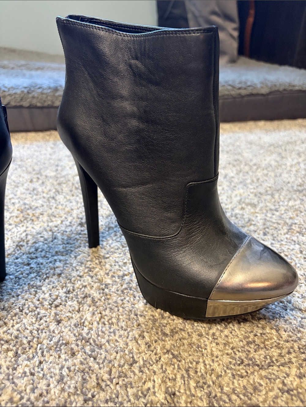 Jessica Simpson Black Leather Ankle Boot with Metallic Cap Toe